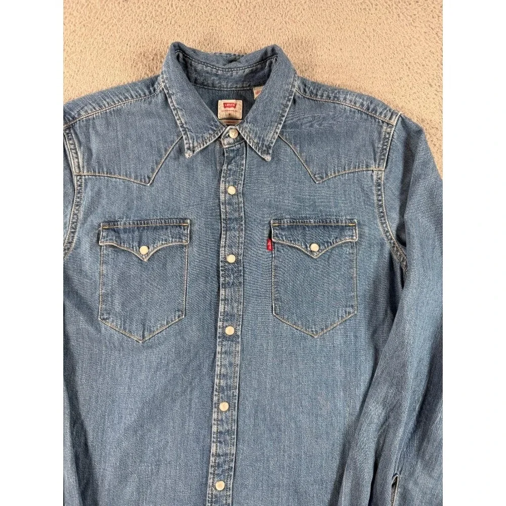 Levi's Pearl Snap Shirt Mens Medium Denim Western Blue Long Sleeve Western
